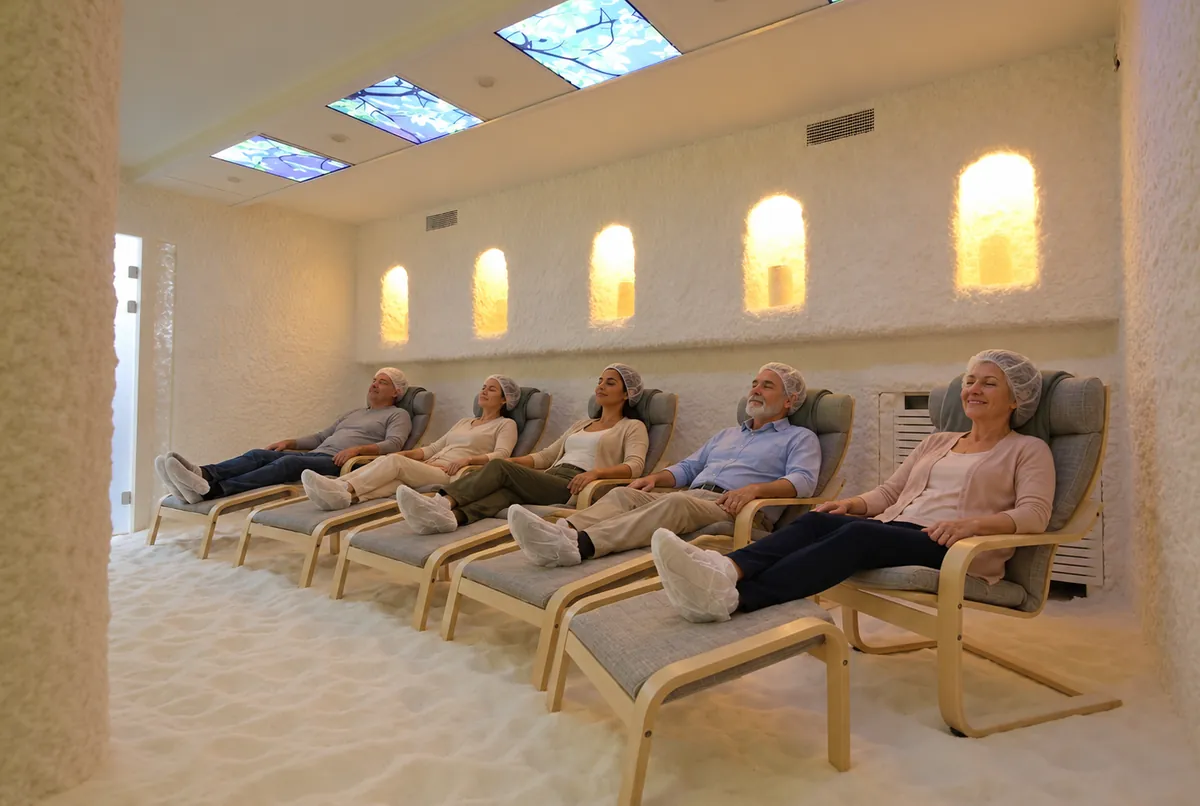 Volwassen bezoekers ontspannen tijdens professionele halotherapie in de zoutkamer van HaloClinic Nederland